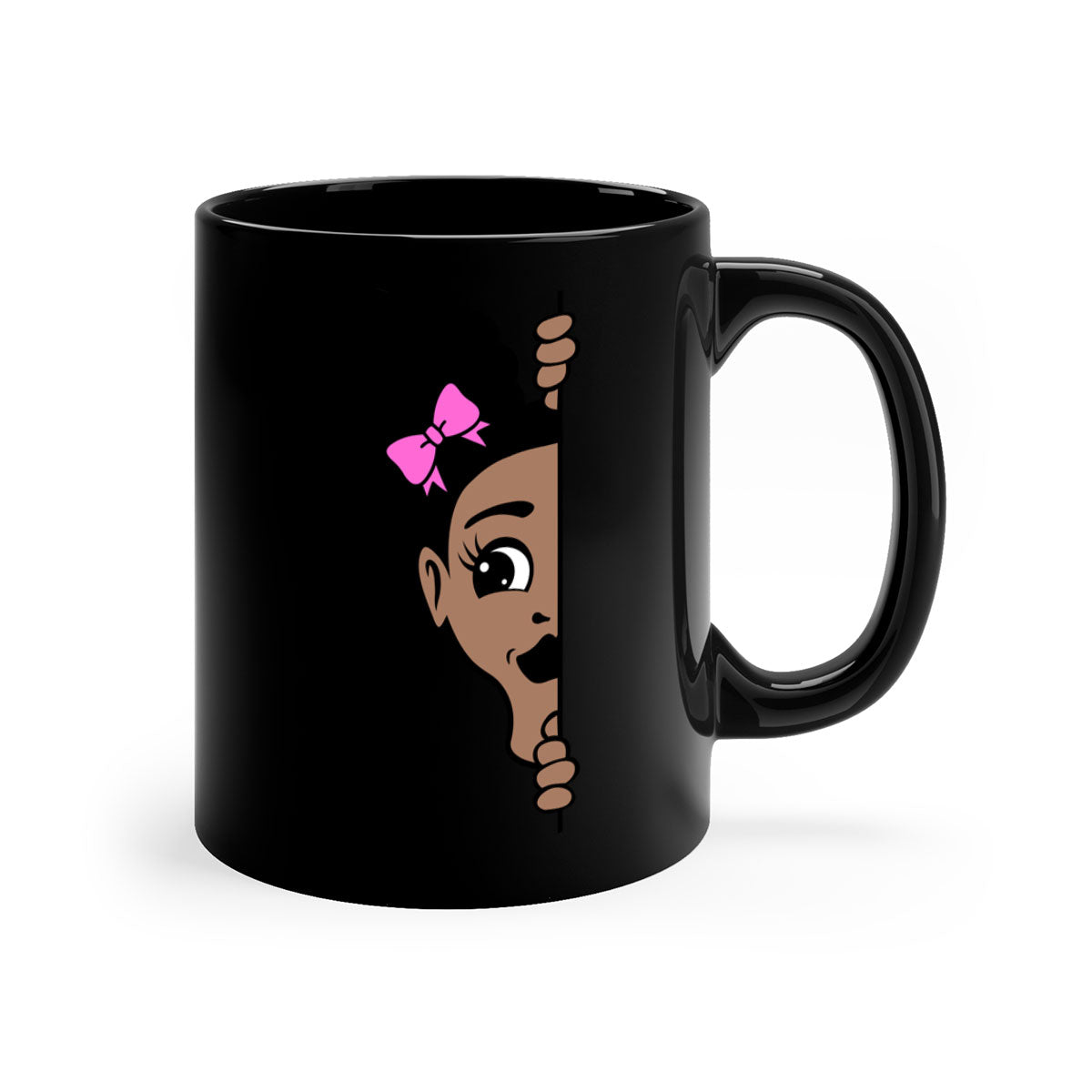 Afro Puffs Girl Peekaboo Mug featuring a stylish design with a glossy finish, available in multiple colors and sizes.