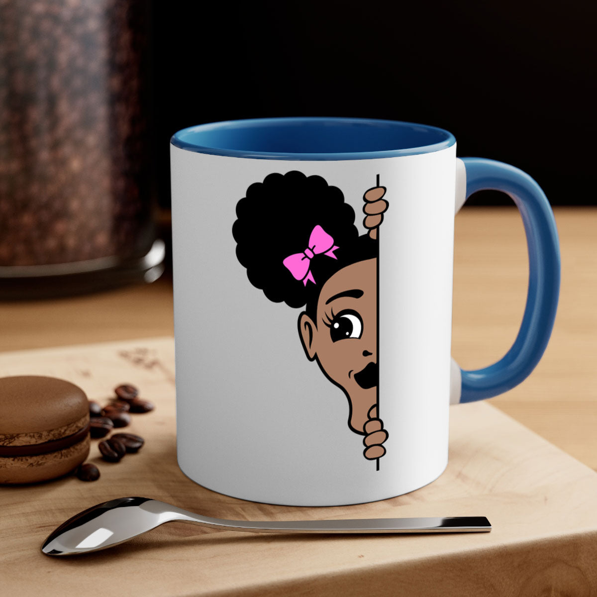 Afro Puffs Girl Peekaboo Mug featuring a stylish design with a glossy finish, available in multiple colors and sizes.