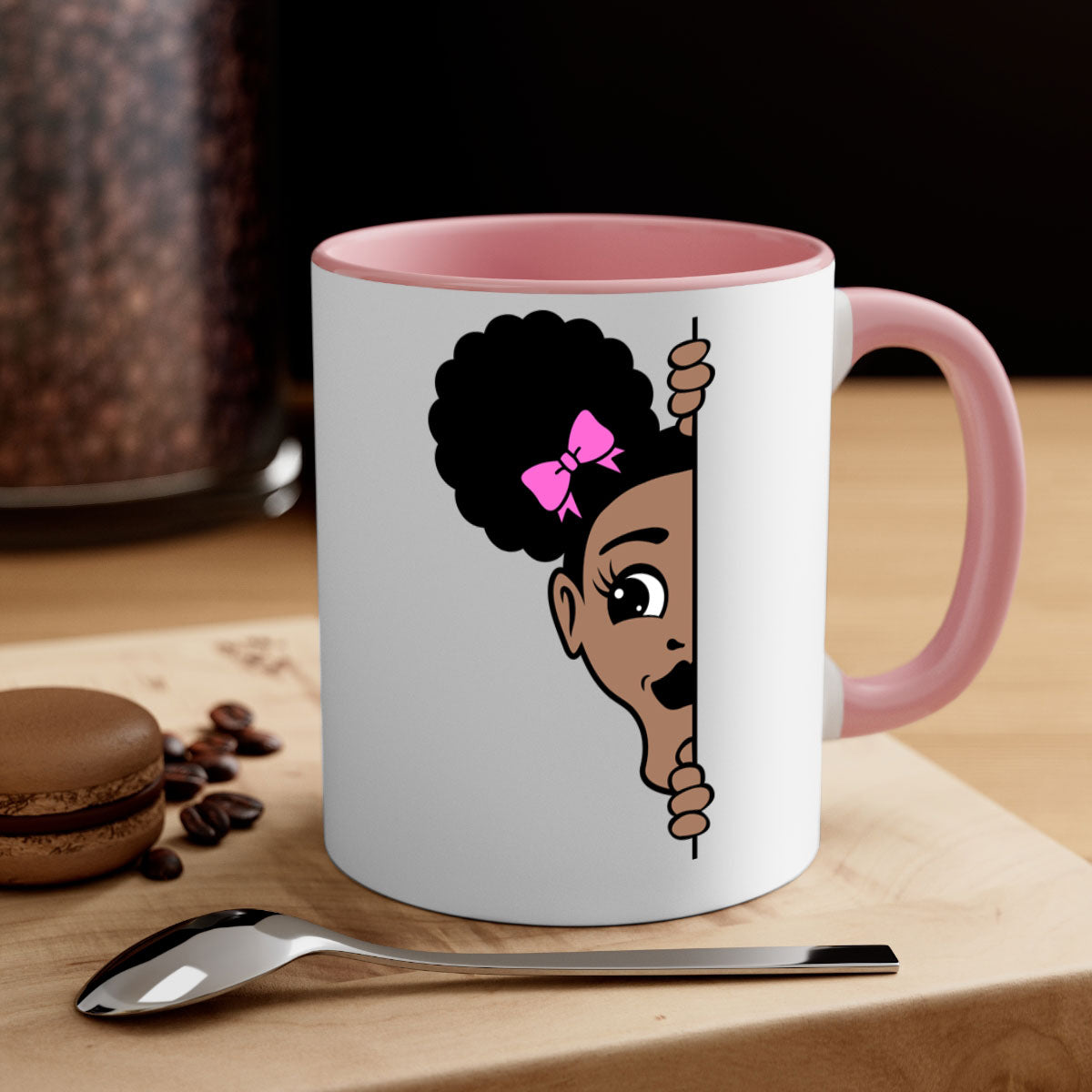 Afro Puffs Girl Peekaboo Mug featuring a stylish design with a glossy finish, available in multiple colors and sizes.