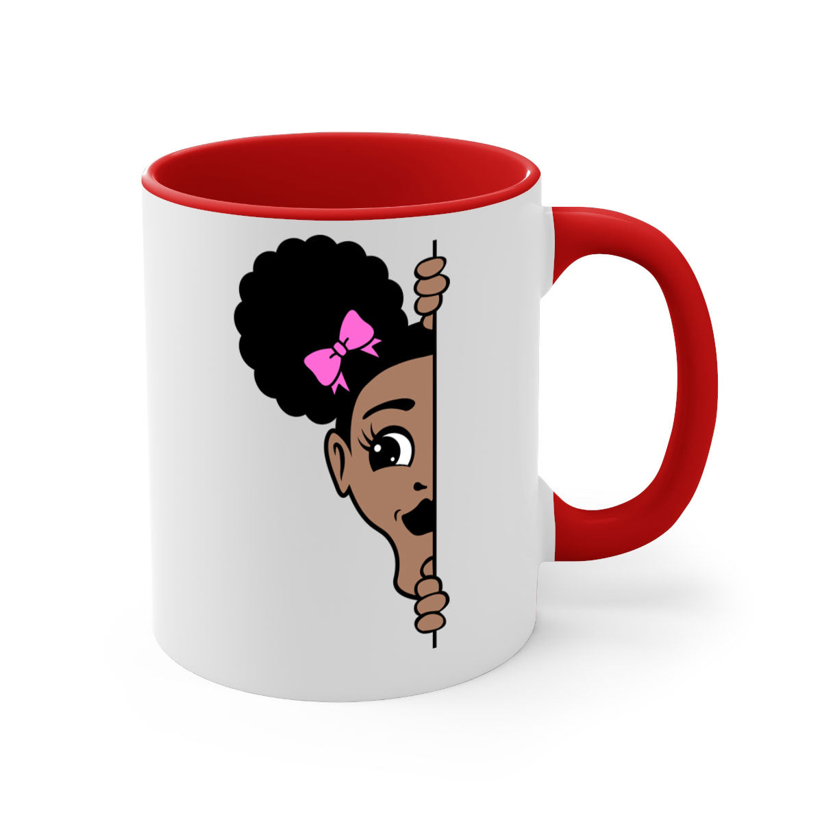 Afro Puffs Girl Peekaboo Mug featuring a stylish design with a glossy finish, available in multiple colors and sizes.