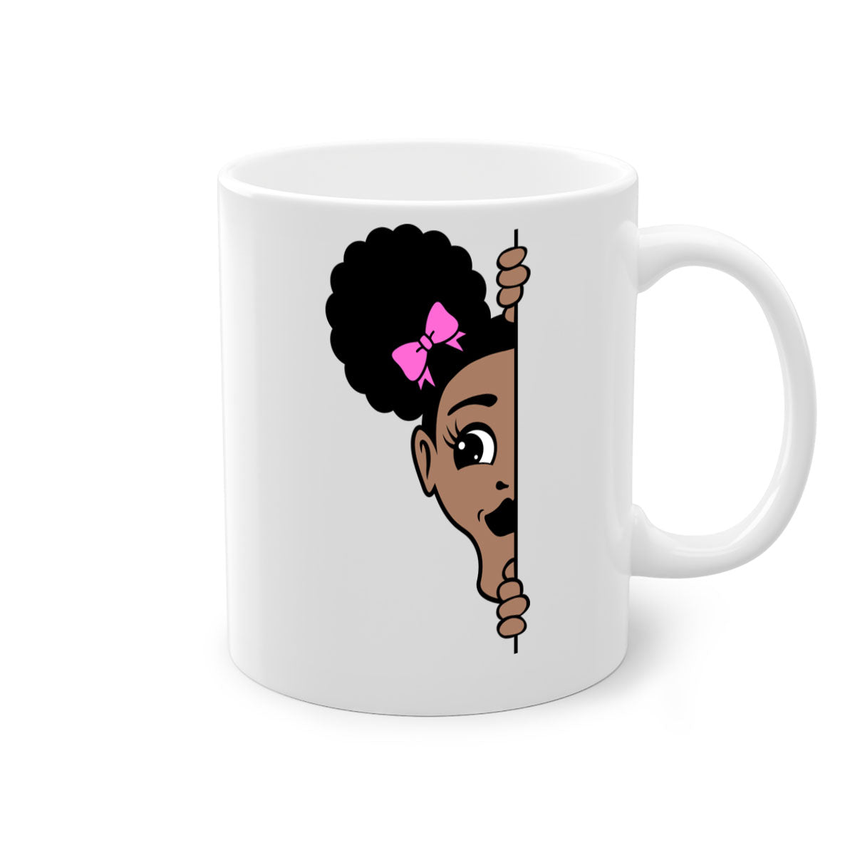 Afro Puffs Girl Peekaboo Mug featuring a stylish design with a glossy finish, available in multiple colors and sizes.