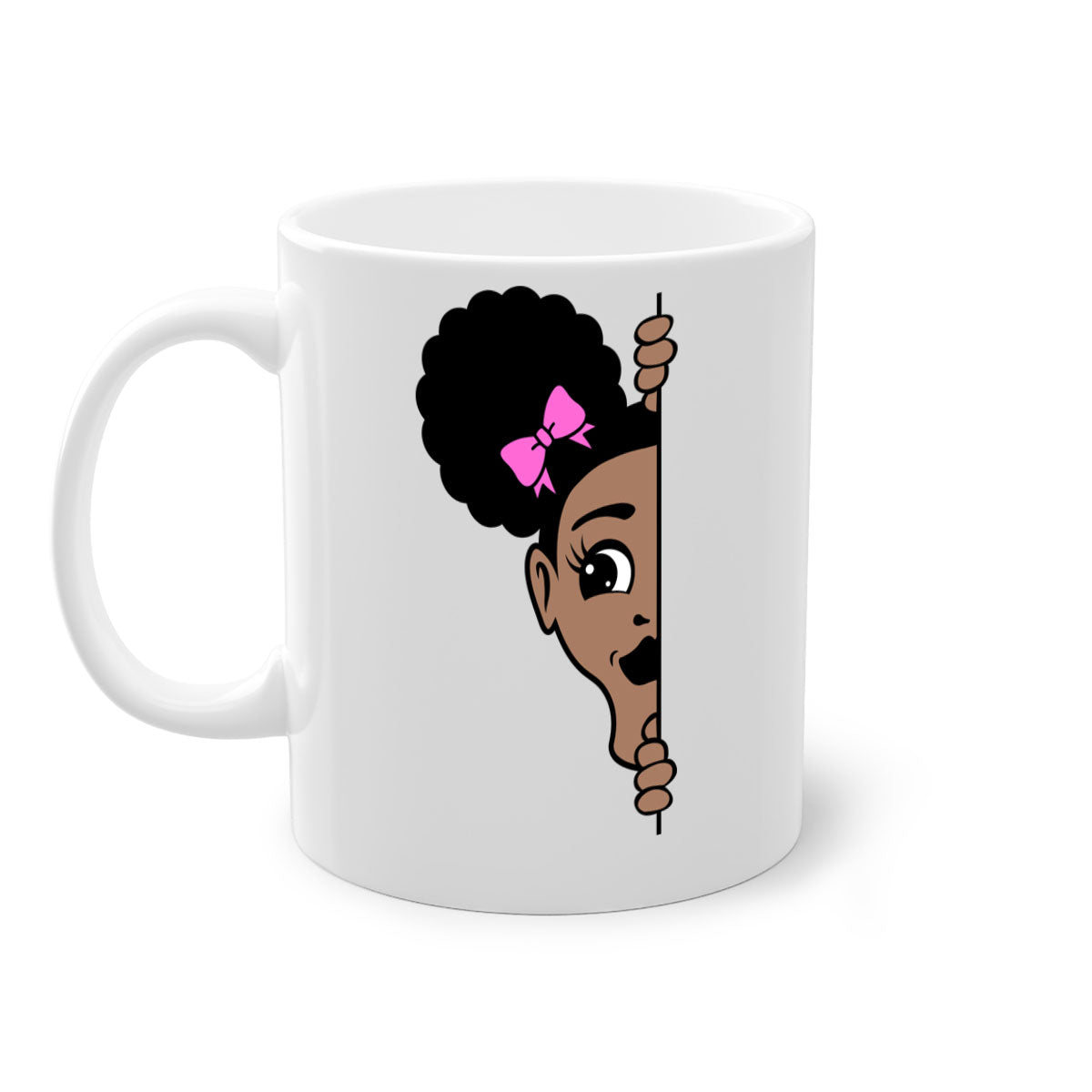 Afro Puffs Girl Peekaboo Mug featuring a stylish design with a glossy finish, available in multiple colors and sizes.