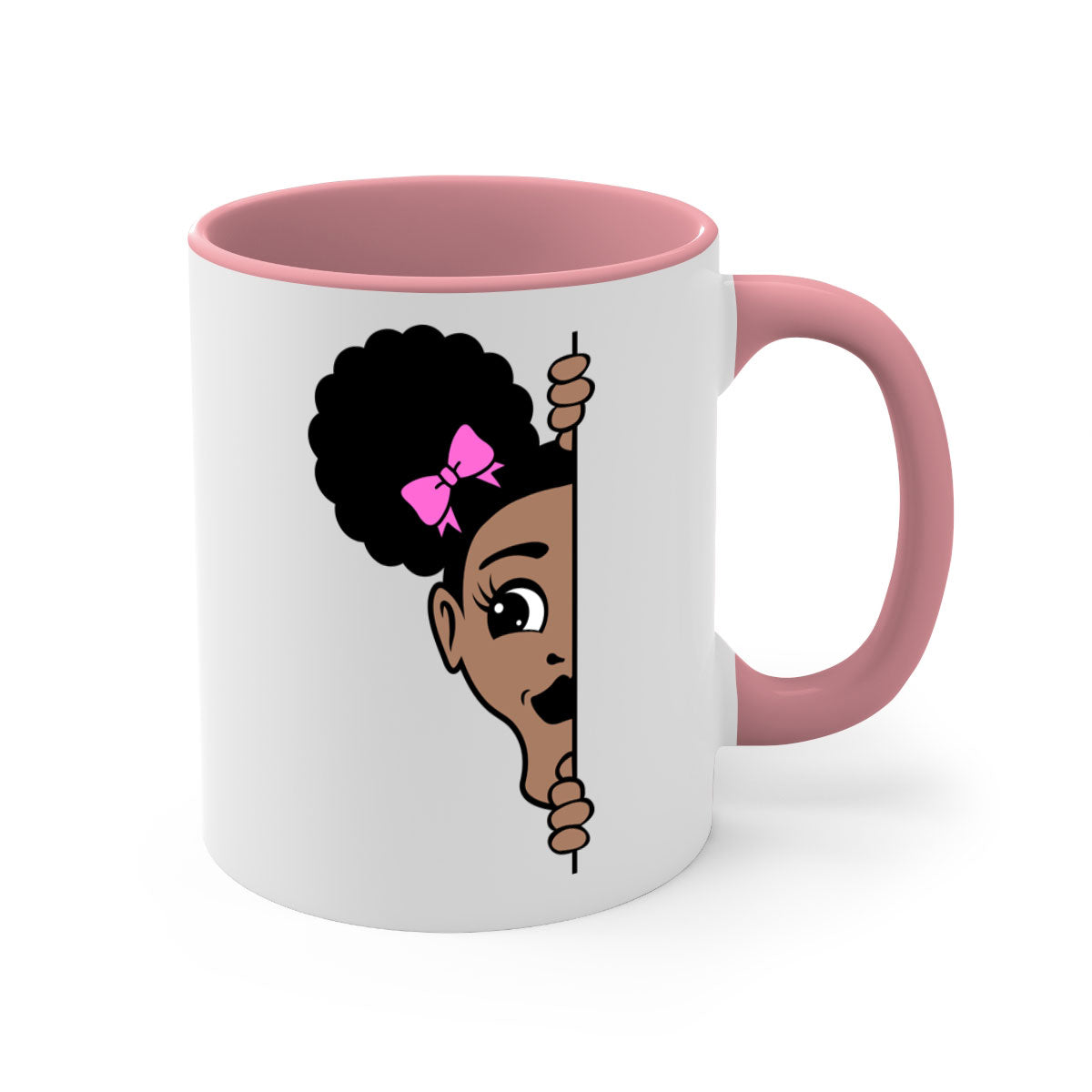 Afro Puffs Girl Peekaboo Mug featuring a stylish design with a glossy finish, available in multiple colors and sizes.