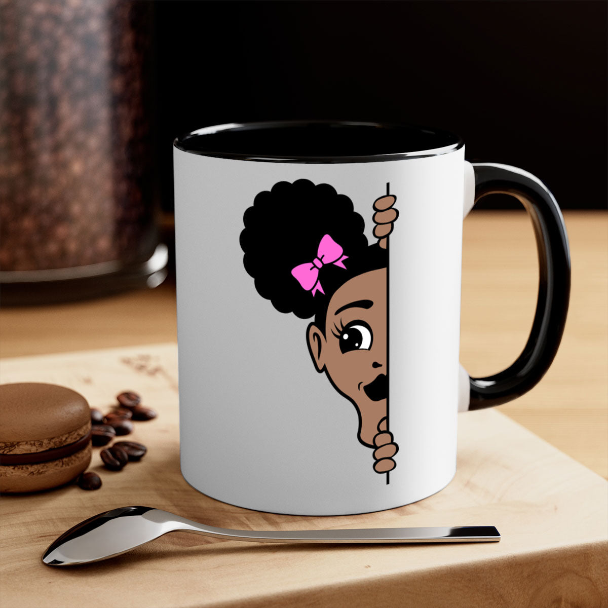 Afro Puffs Girl Peekaboo Mug featuring a stylish design with a glossy finish, available in multiple colors and sizes.