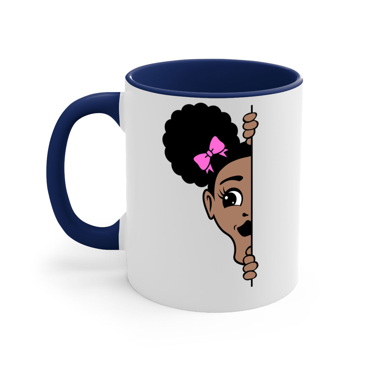 Afro Puffs Girl Peekaboo Mug featuring a stylish design with a glossy finish, available in multiple colors and sizes.