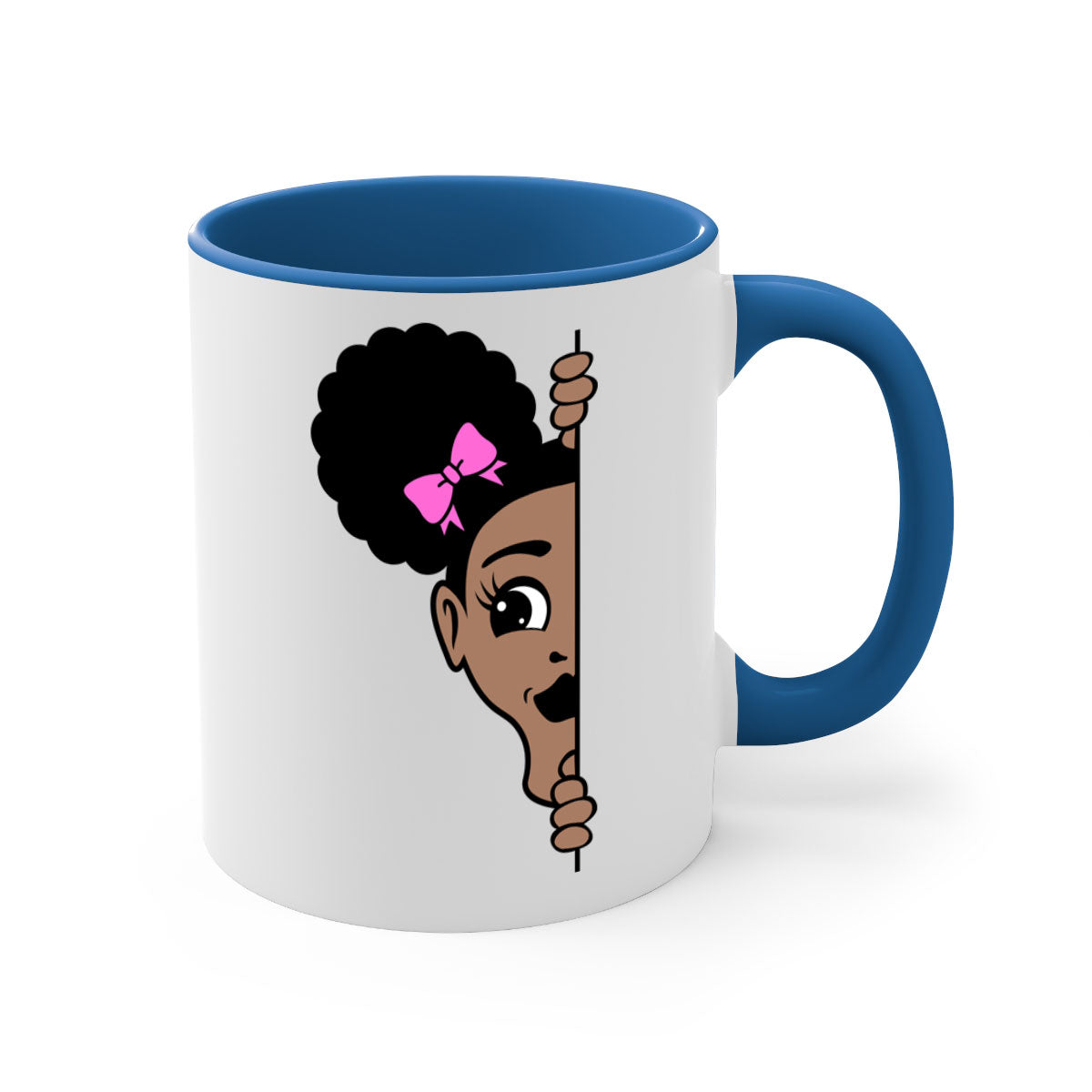Afro Puffs Girl Peekaboo Mug featuring a stylish design with a glossy finish, available in multiple colors and sizes.