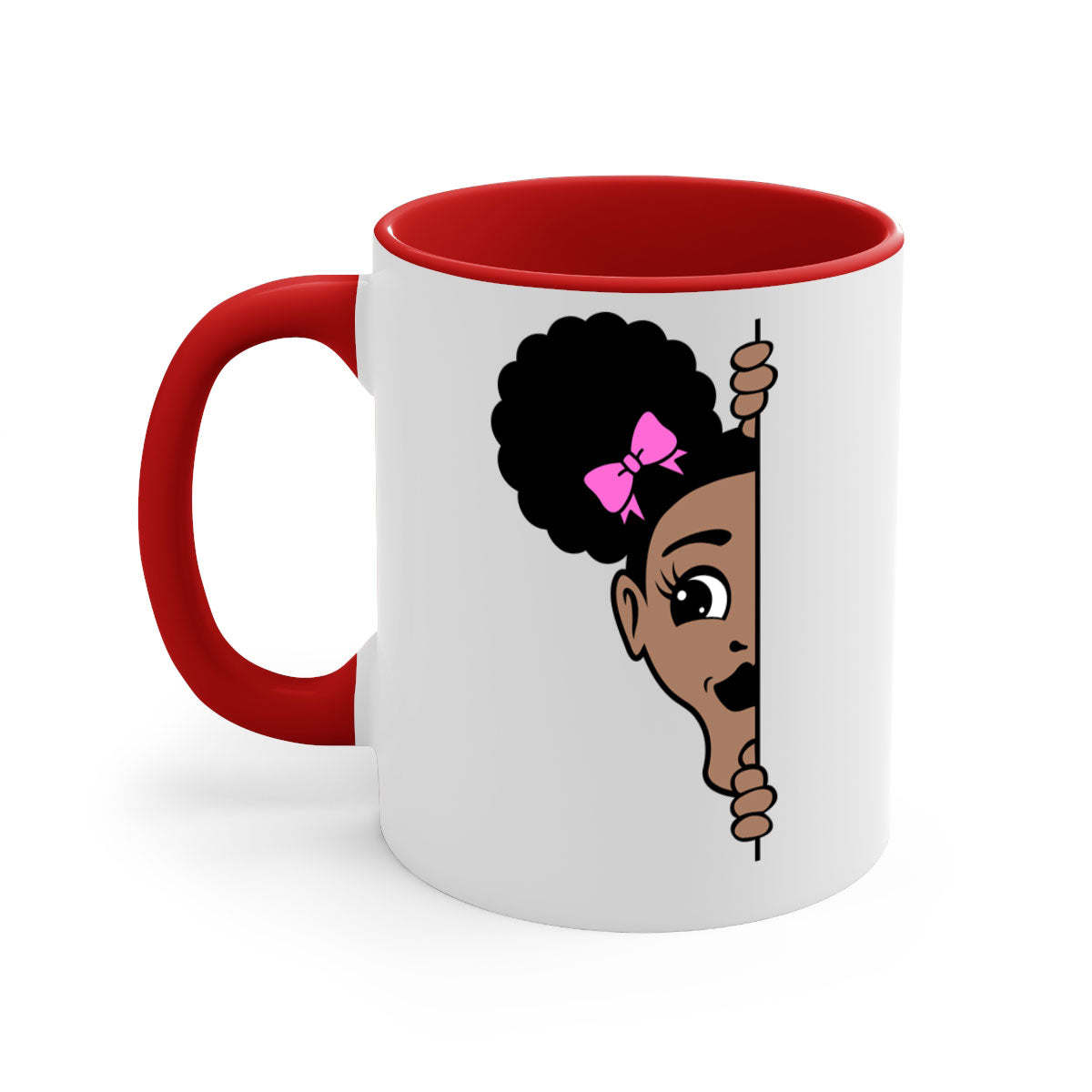 Afro Puffs Girl Peekaboo Mug featuring a stylish design with a glossy finish, available in multiple colors and sizes.