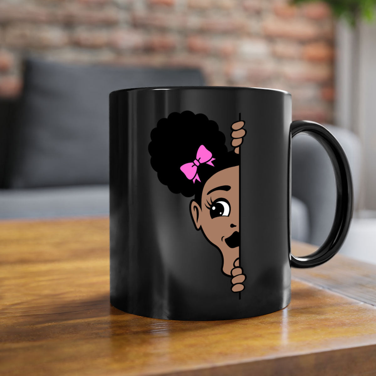 Afro Puffs Girl Peekaboo Mug featuring a stylish design with a glossy finish, available in multiple colors and sizes.