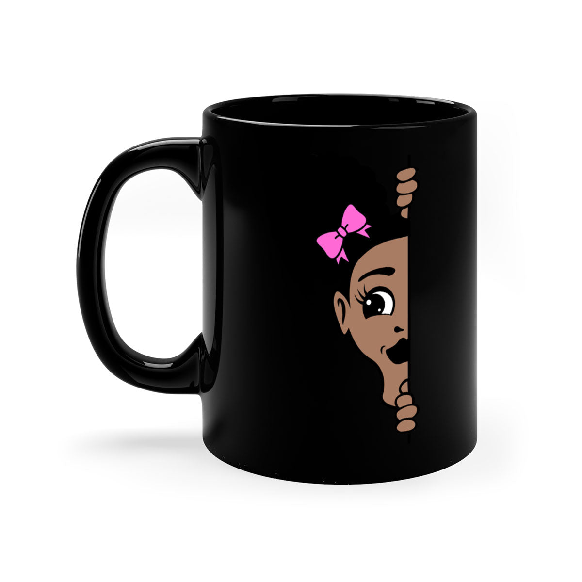 Afro Puffs Girl Peekaboo Mug featuring a stylish design with a glossy finish, available in multiple colors and sizes.