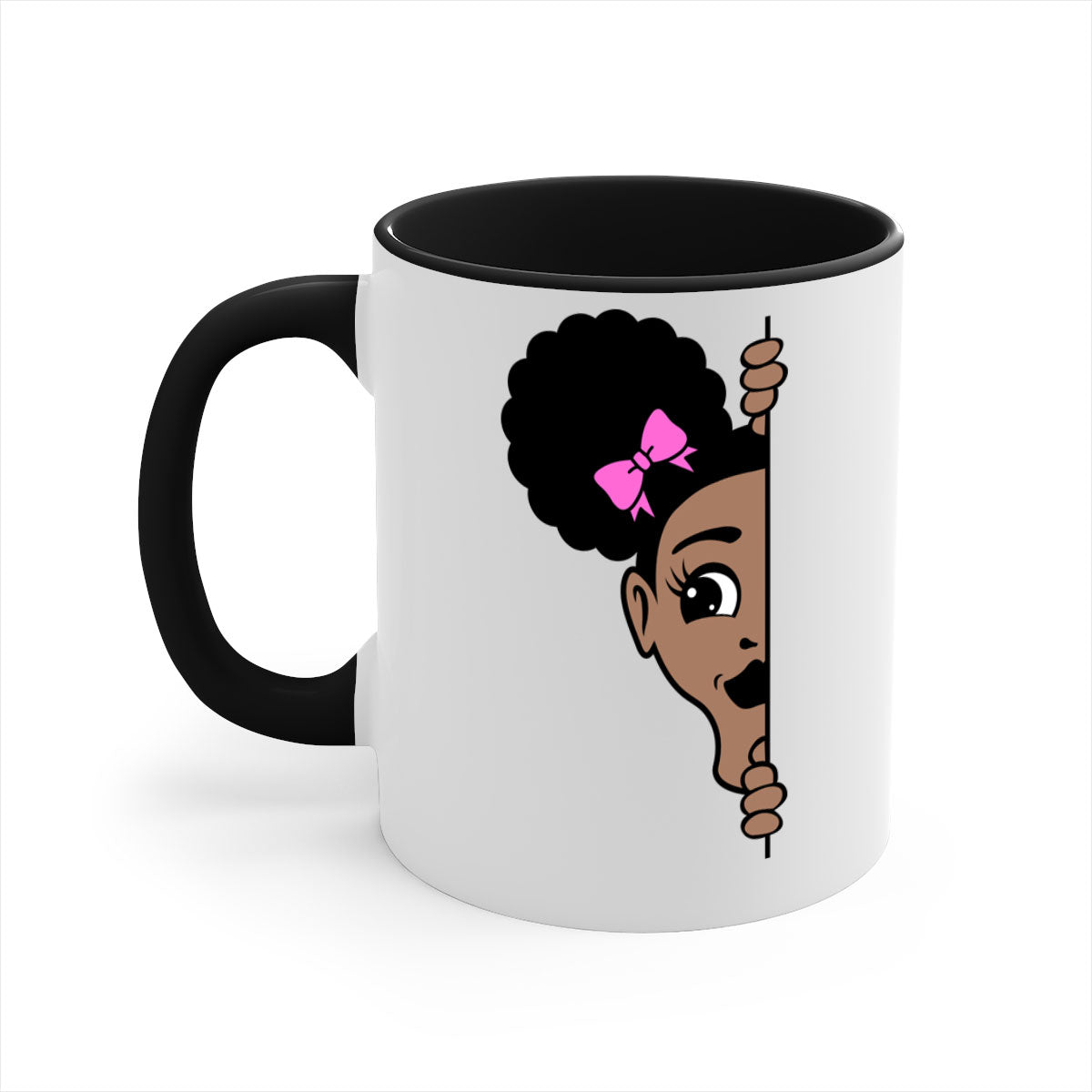 Afro Puffs Girl Peekaboo Mug featuring a stylish design with a glossy finish, available in multiple colors and sizes.