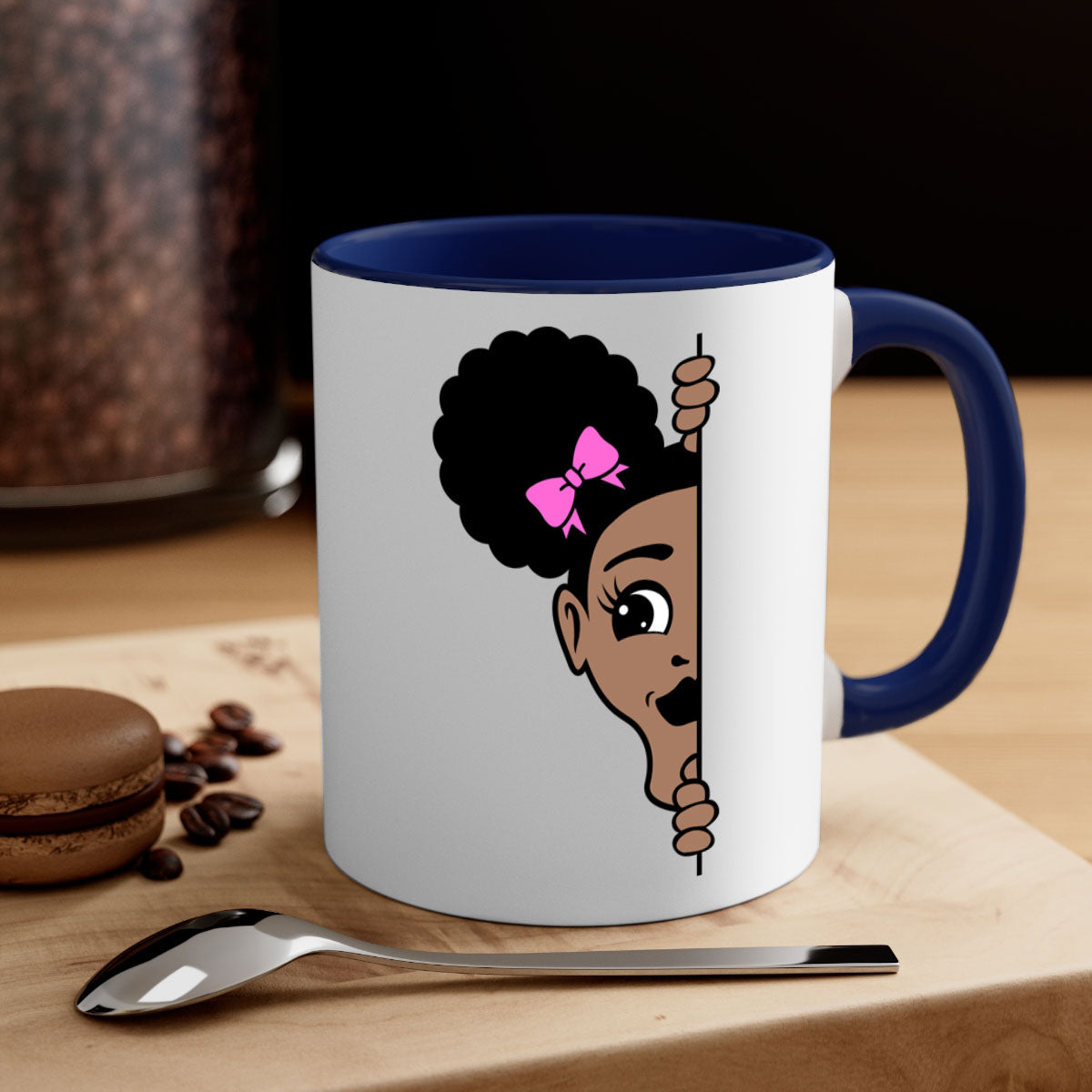 Afro Puffs Girl Peekaboo Mug featuring a stylish design with a glossy finish, available in multiple colors and sizes.