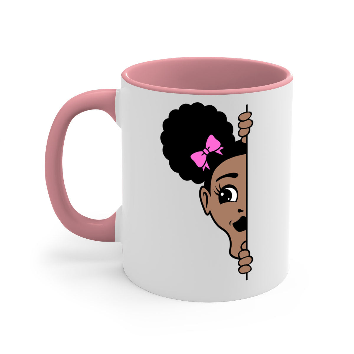 Afro Puffs Girl Peekaboo Mug featuring a stylish design with a glossy finish, available in multiple colors and sizes.