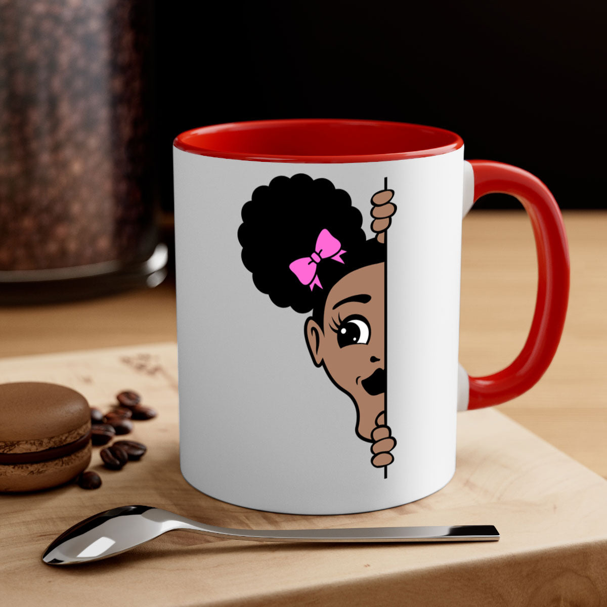 Afro Puffs Girl Peekaboo Mug featuring a stylish design with a glossy finish, available in multiple colors and sizes.