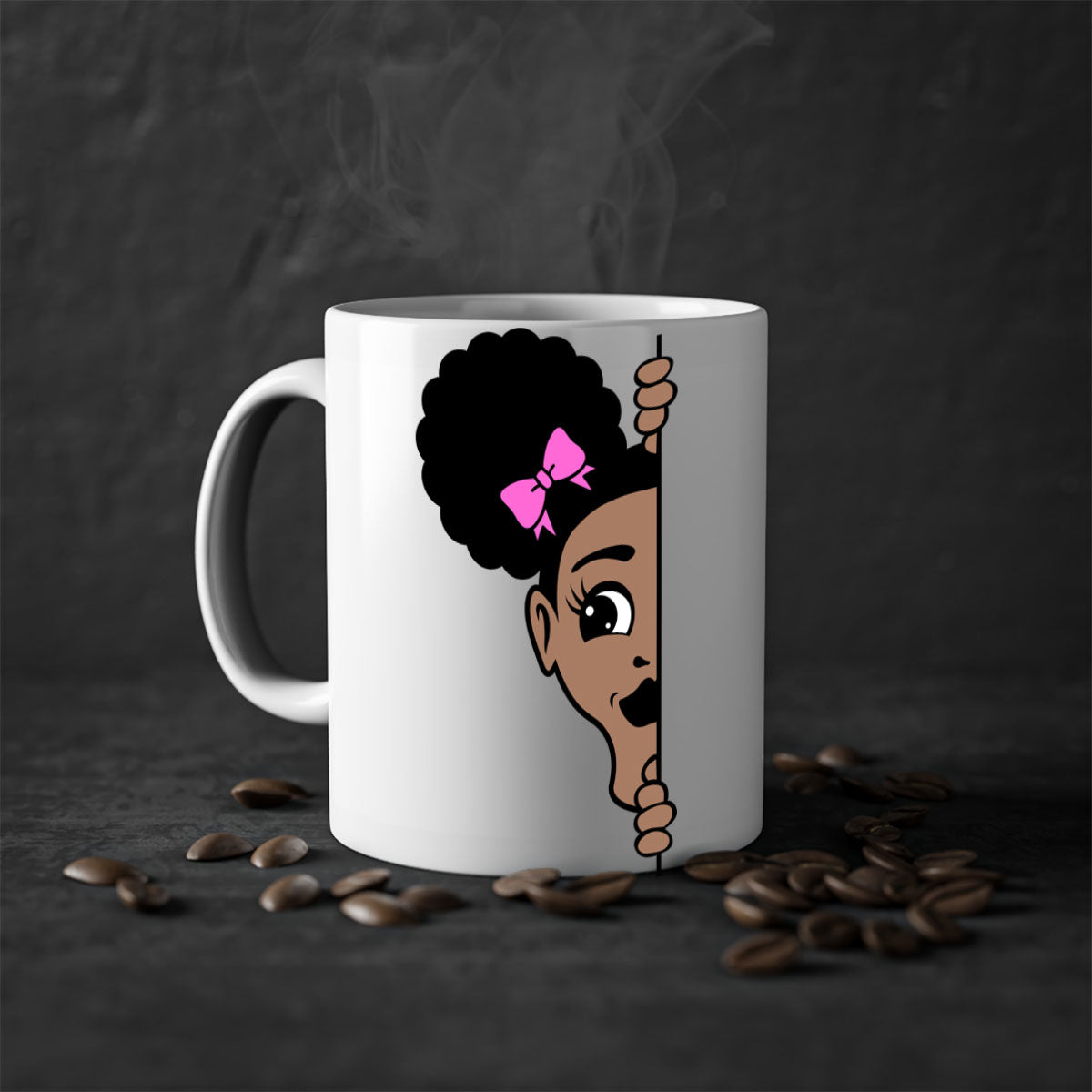 Afro Puffs Girl Peekaboo Mug featuring a stylish design with a glossy finish, available in multiple colors and sizes.