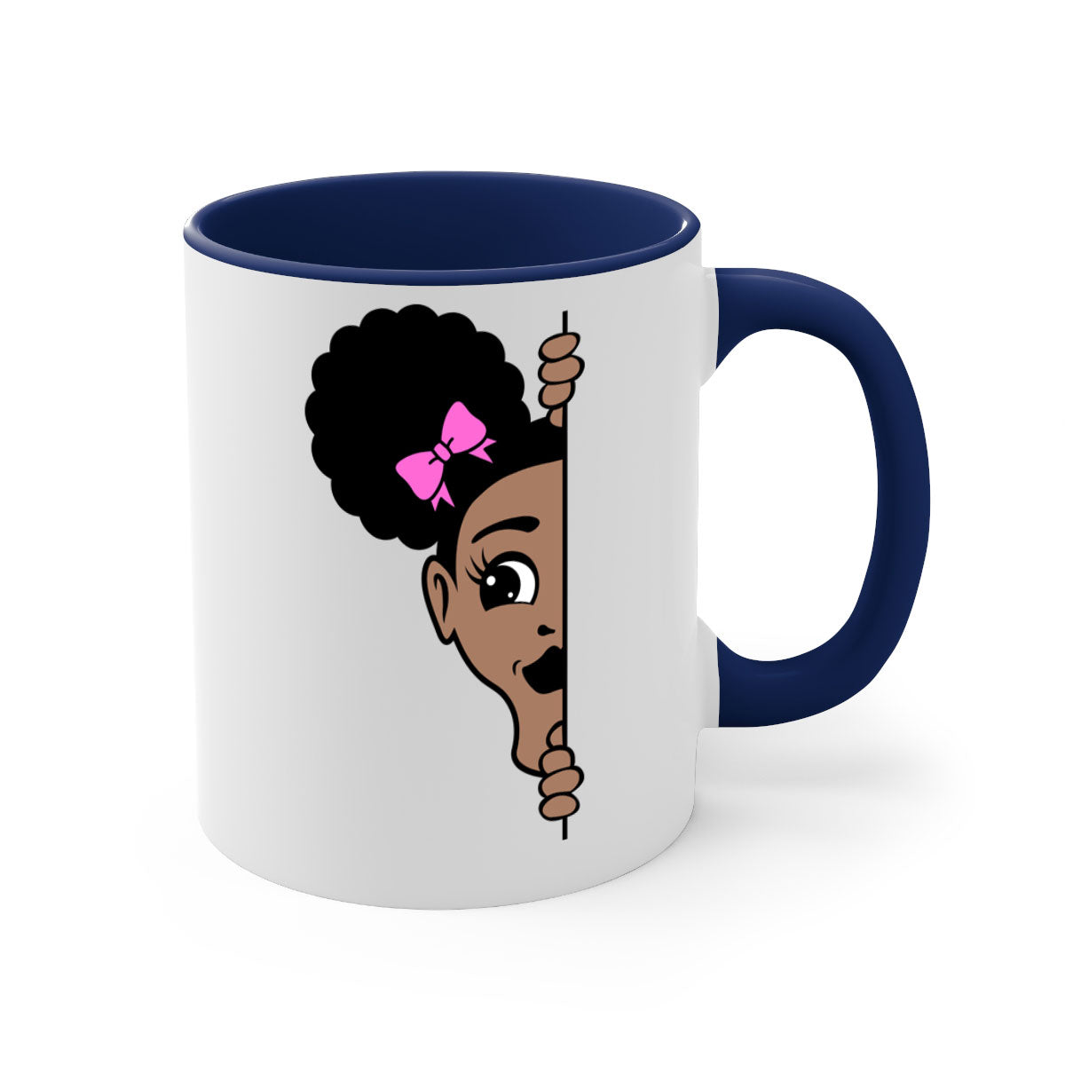 Afro Puffs Girl Peekaboo Mug featuring a stylish design with a glossy finish, available in multiple colors and sizes.