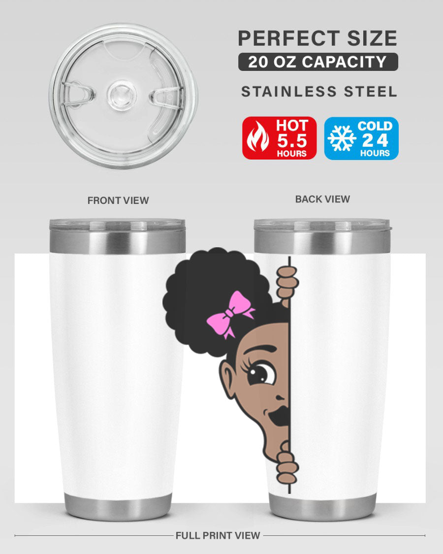 Afro Puffs Girl Peekaboo 83# Tumbler showcasing vibrant design and stainless steel construction.