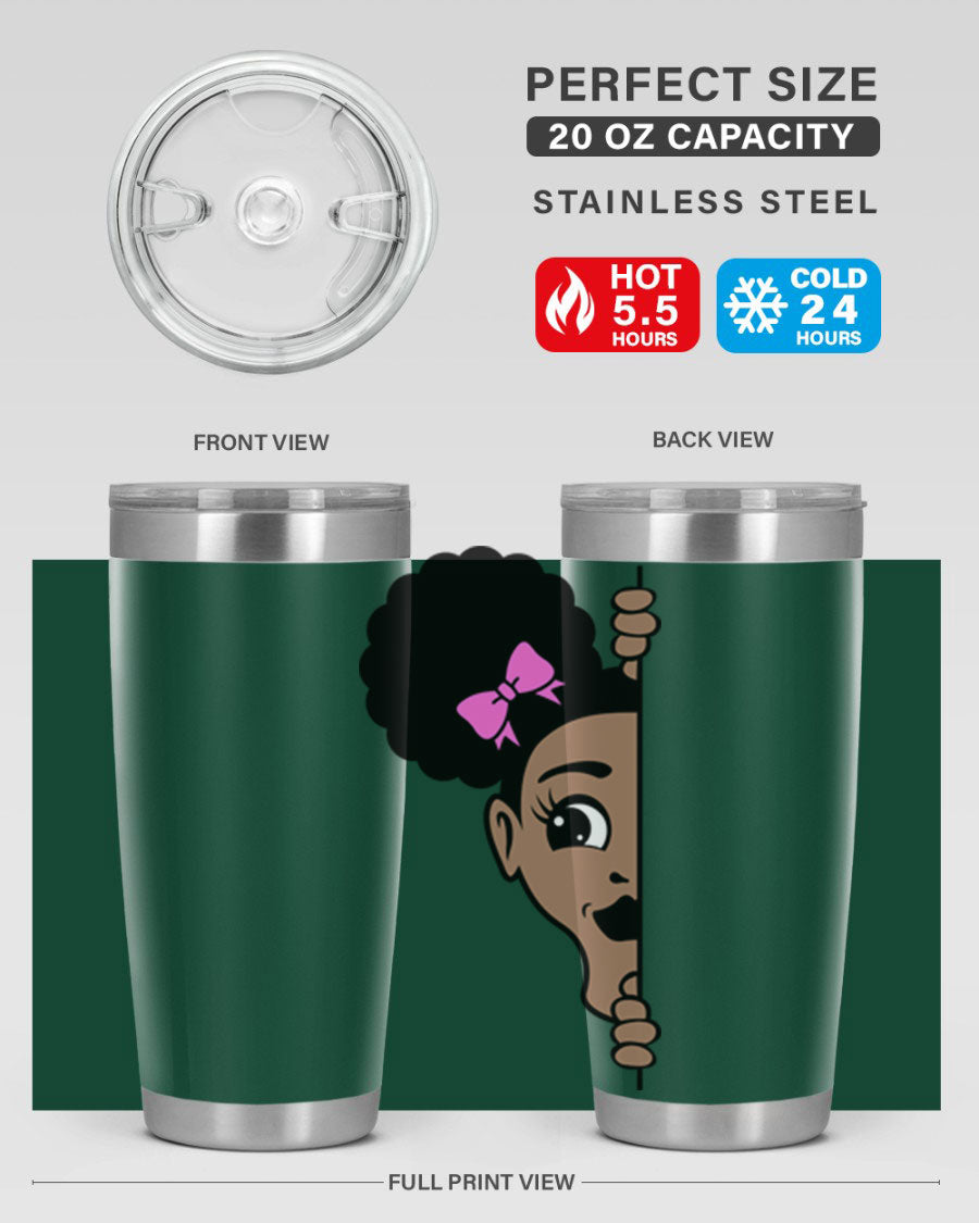 Afro Puffs Girl Peekaboo 83# Tumbler showcasing vibrant design and stainless steel construction.