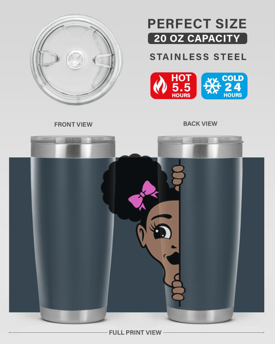 Afro Puffs Girl Peekaboo 83# Tumbler showcasing vibrant design and stainless steel construction.