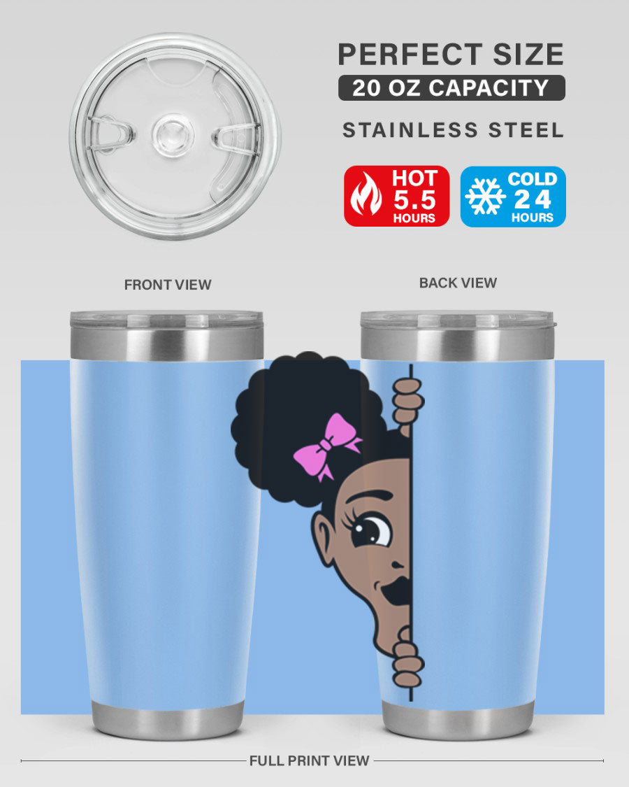 Afro Puffs Girl Peekaboo 83# Tumbler showcasing vibrant design and stainless steel construction.