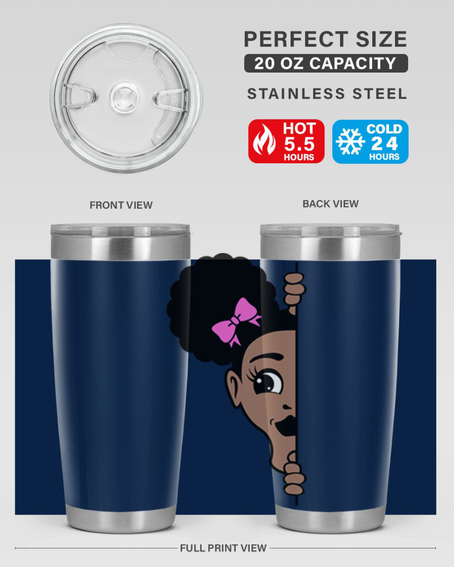 Afro Puffs Girl Peekaboo 83# Tumbler showcasing vibrant design and stainless steel construction.