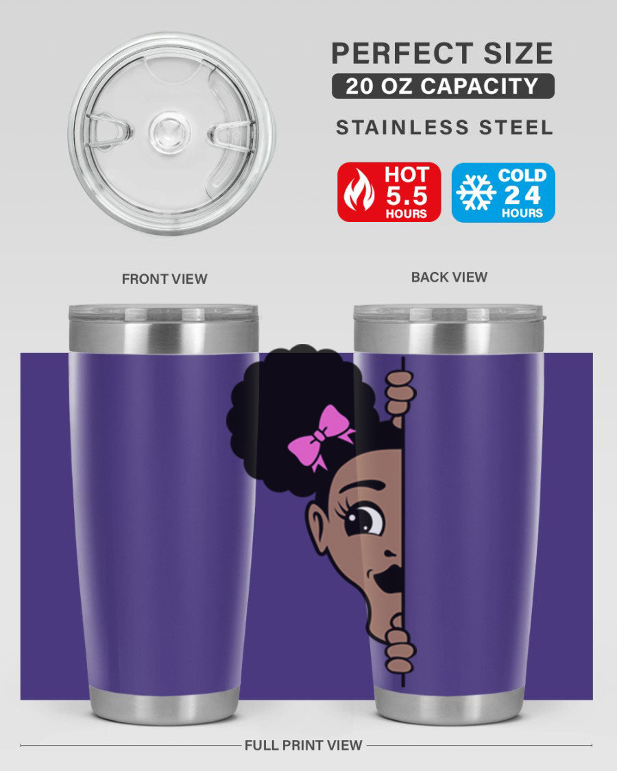 Afro Puffs Girl Peekaboo 83# Tumbler showcasing vibrant design and stainless steel construction.