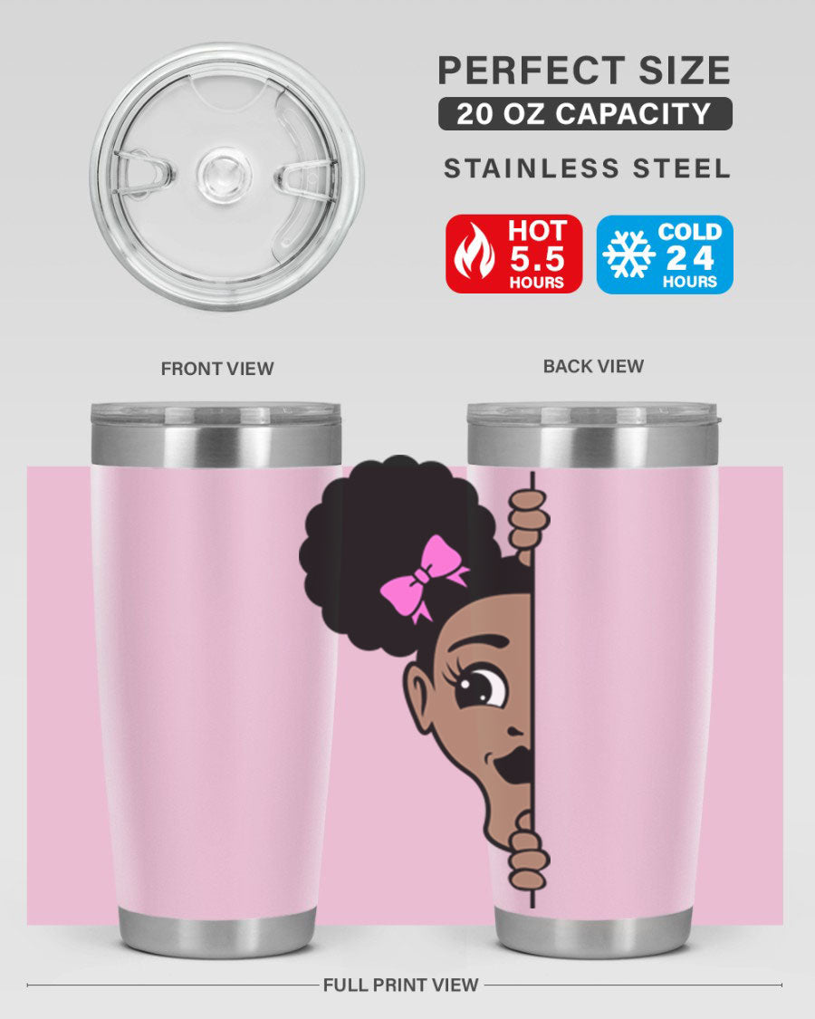 Afro Puffs Girl Peekaboo 83# Tumbler showcasing vibrant design and stainless steel construction.