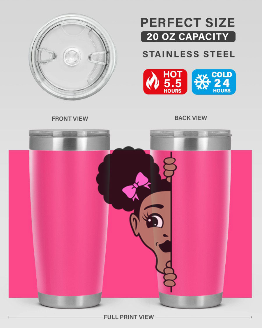Afro Puffs Girl Peekaboo 83# Tumbler showcasing vibrant design and stainless steel construction.