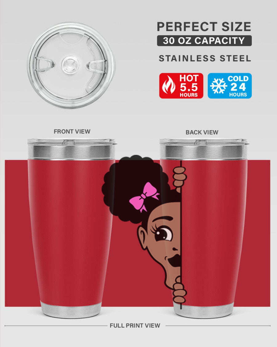 Afro Puffs Girl Peekaboo 83# Tumbler showcasing vibrant design and stainless steel construction.