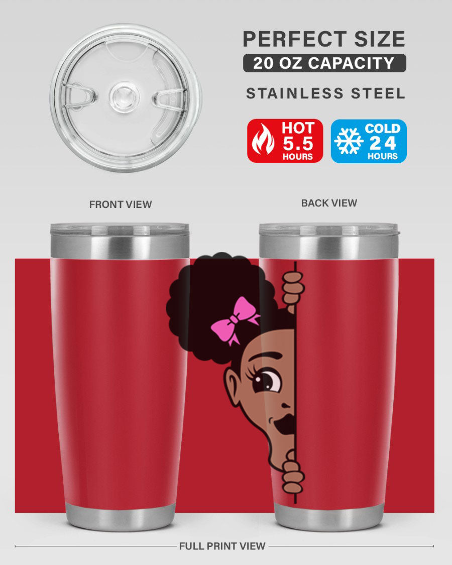 Afro Puffs Girl Peekaboo 83# Tumbler showcasing vibrant design and stainless steel construction.