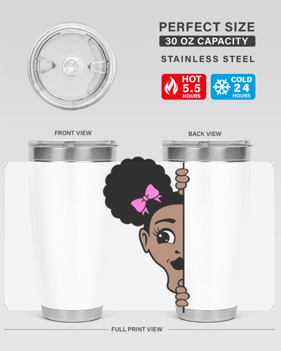 Afro Puffs Girl Peekaboo 83# Tumbler showcasing vibrant design and stainless steel construction.