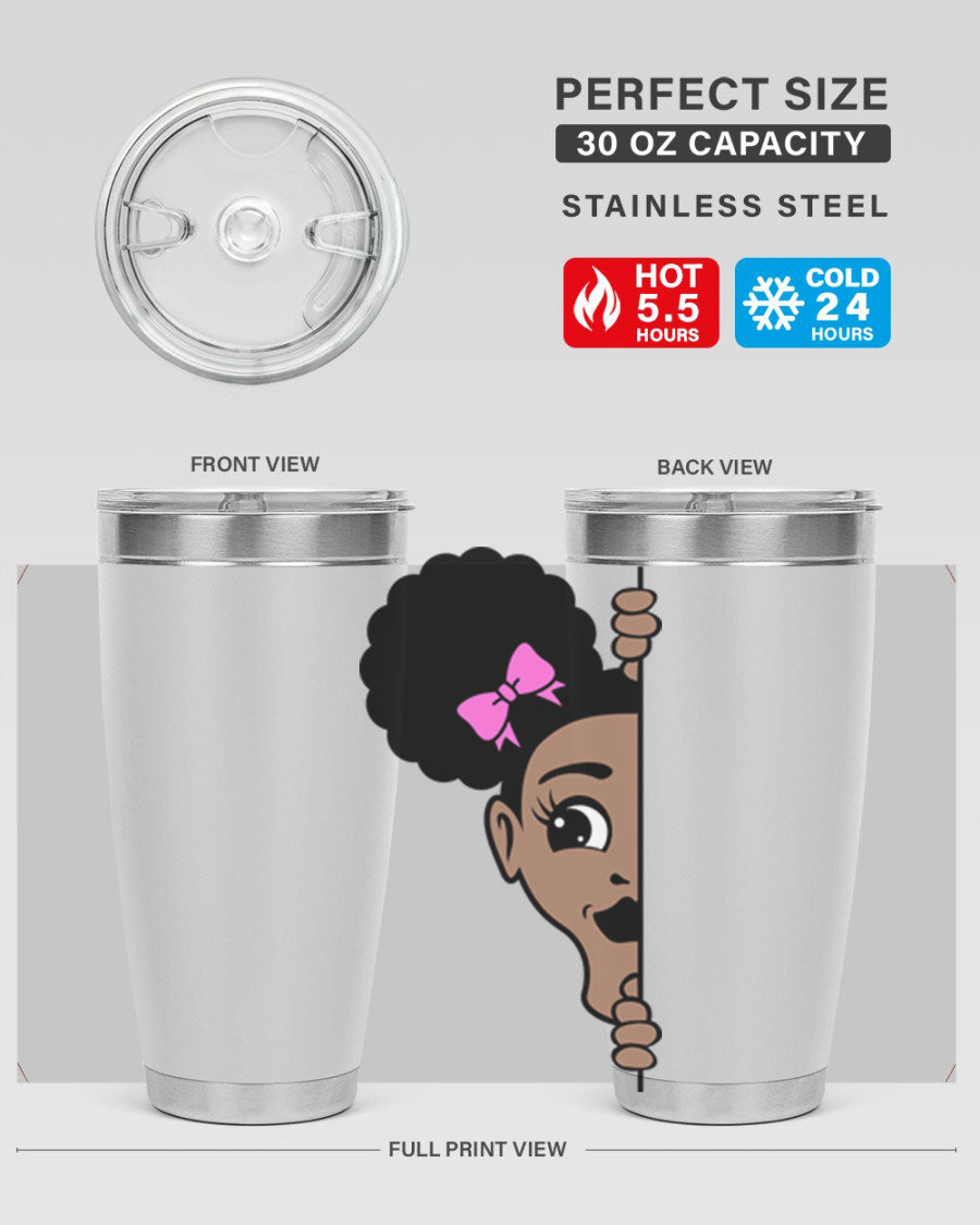 Afro Puffs Girl Peekaboo 83# Tumbler showcasing vibrant design and stainless steel construction.