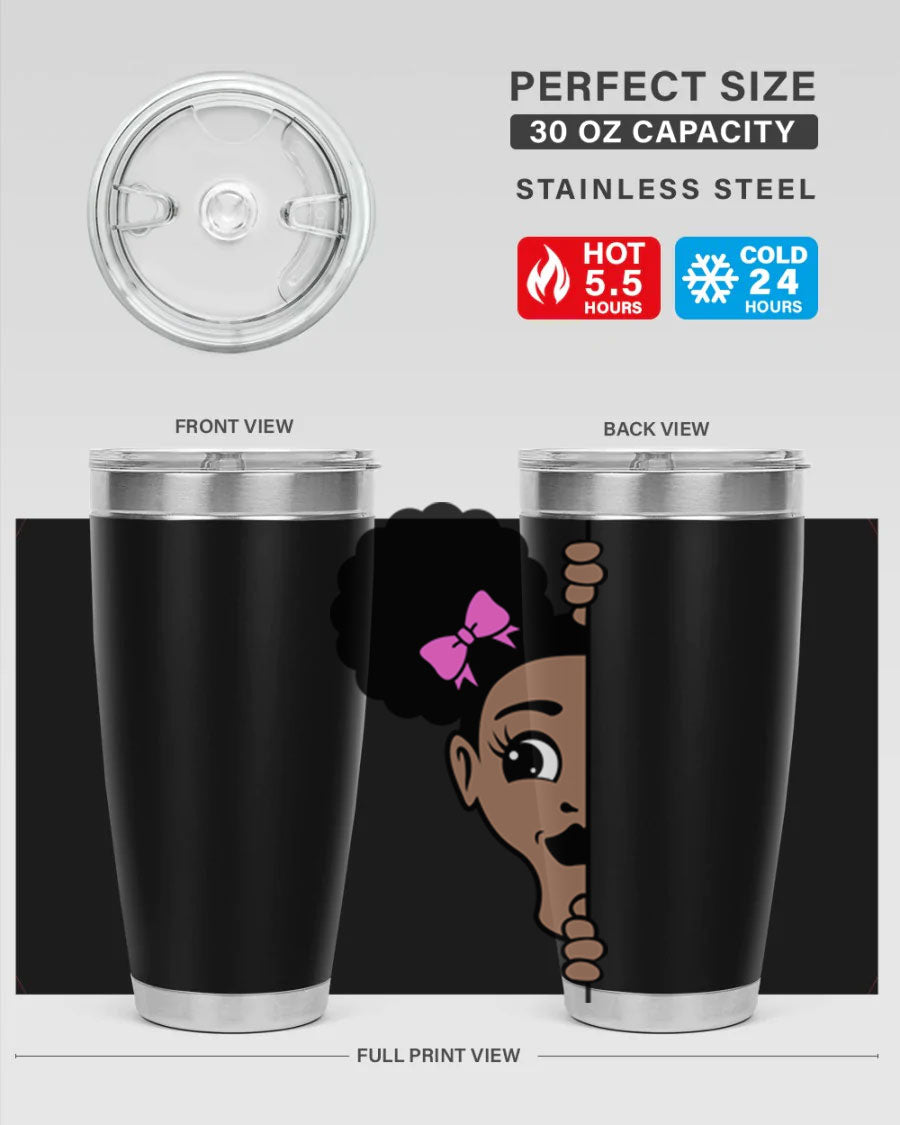 Afro Puffs Girl Peekaboo 83# Tumbler showcasing vibrant design and stainless steel construction.
