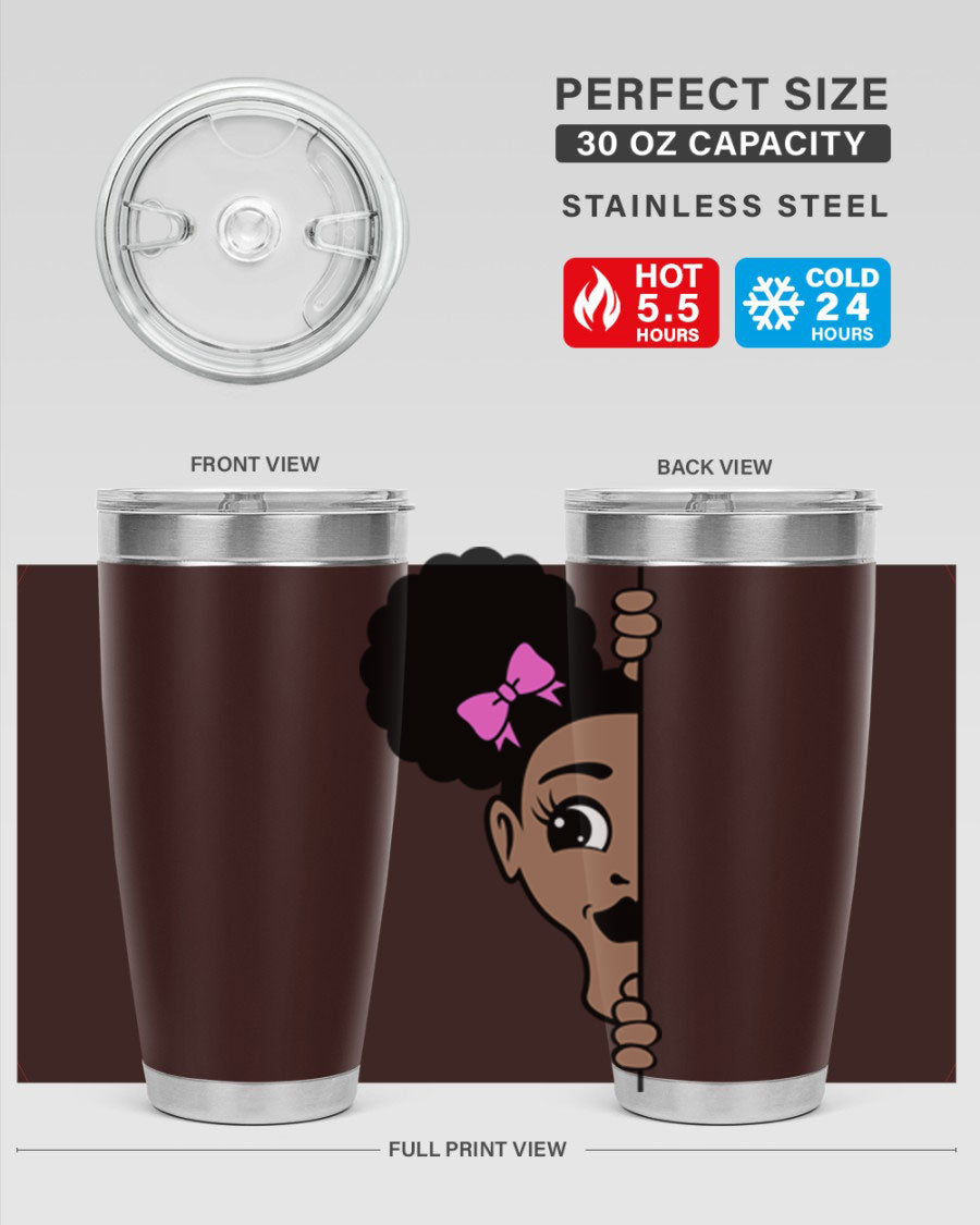 Afro Puffs Girl Peekaboo 83# Tumbler showcasing vibrant design and stainless steel construction.