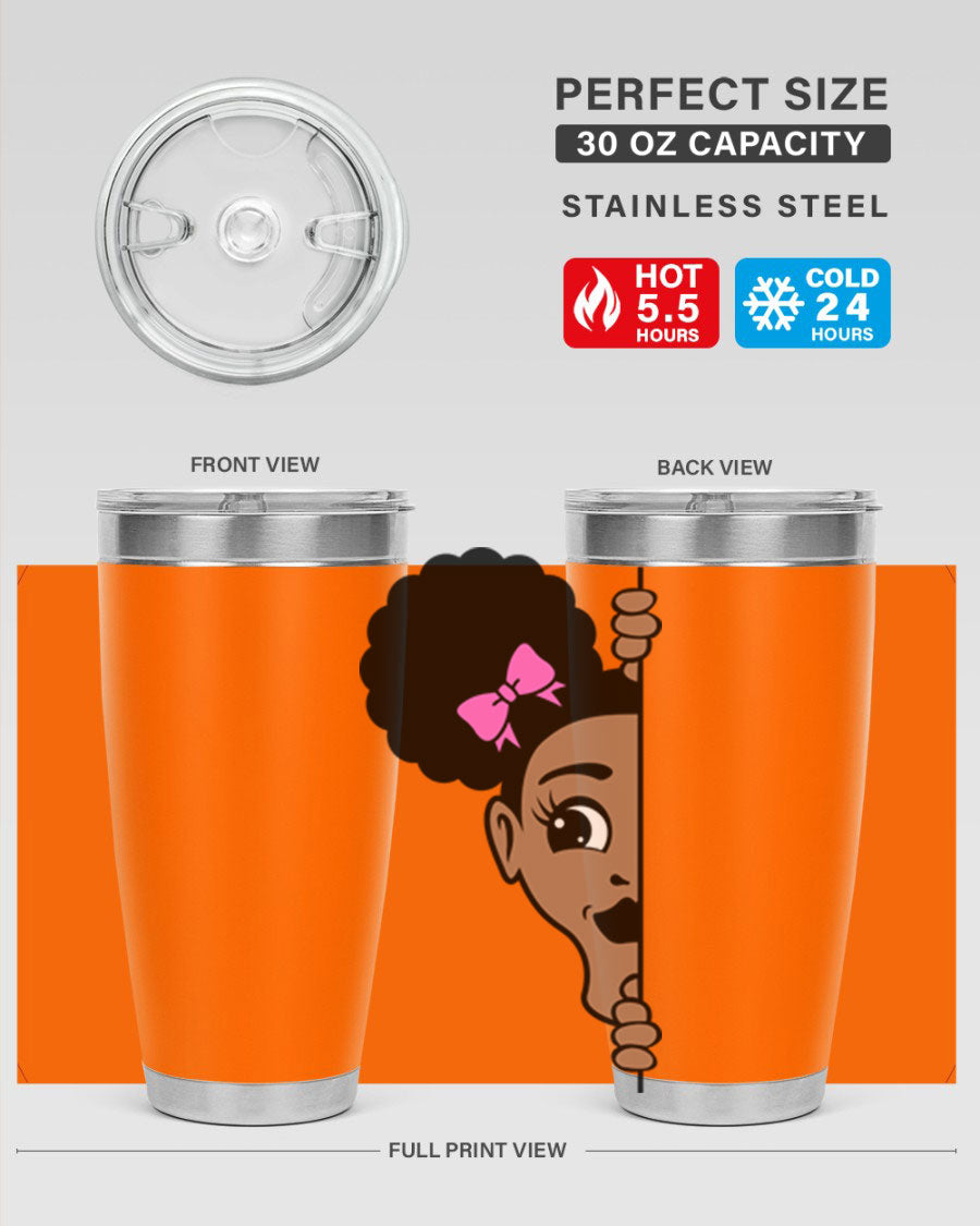 Afro Puffs Girl Peekaboo 83# Tumbler showcasing vibrant design and stainless steel construction.