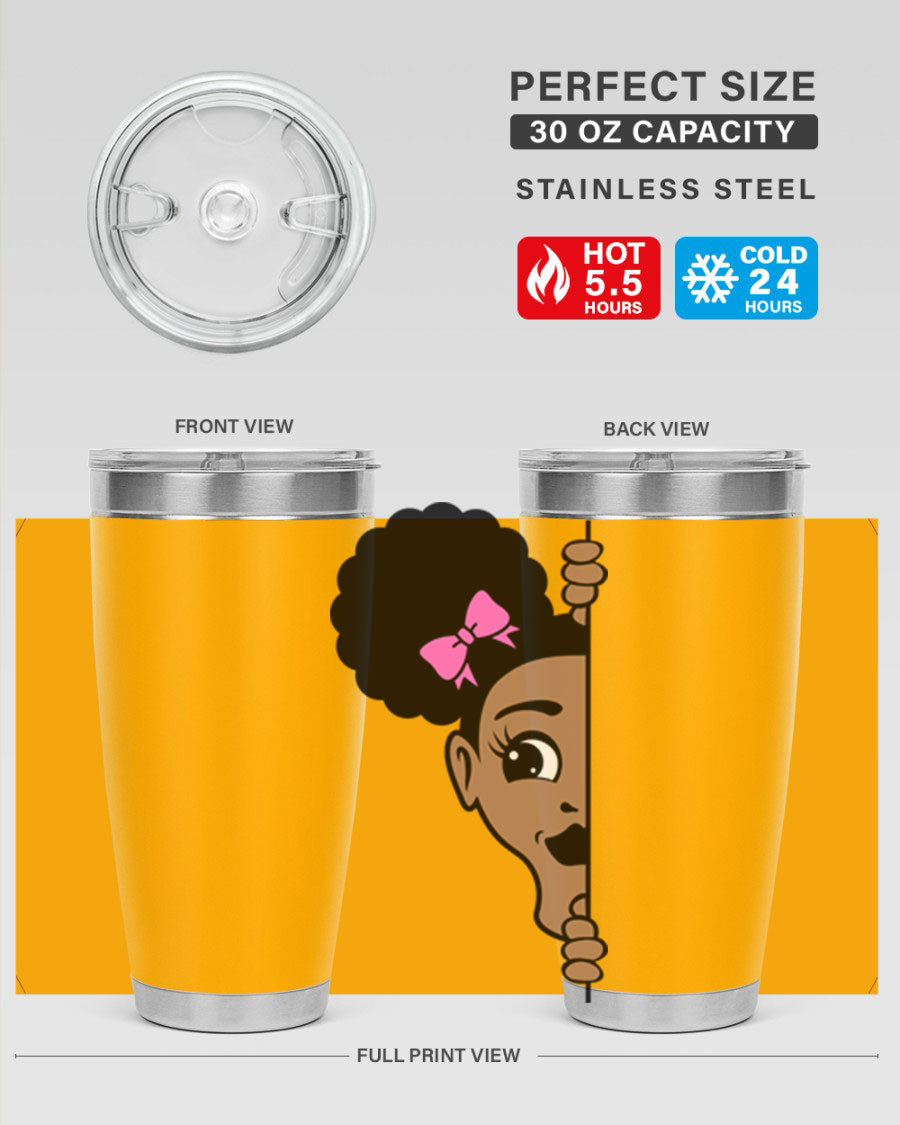 Afro Puffs Girl Peekaboo 83# Tumbler showcasing vibrant design and stainless steel construction.