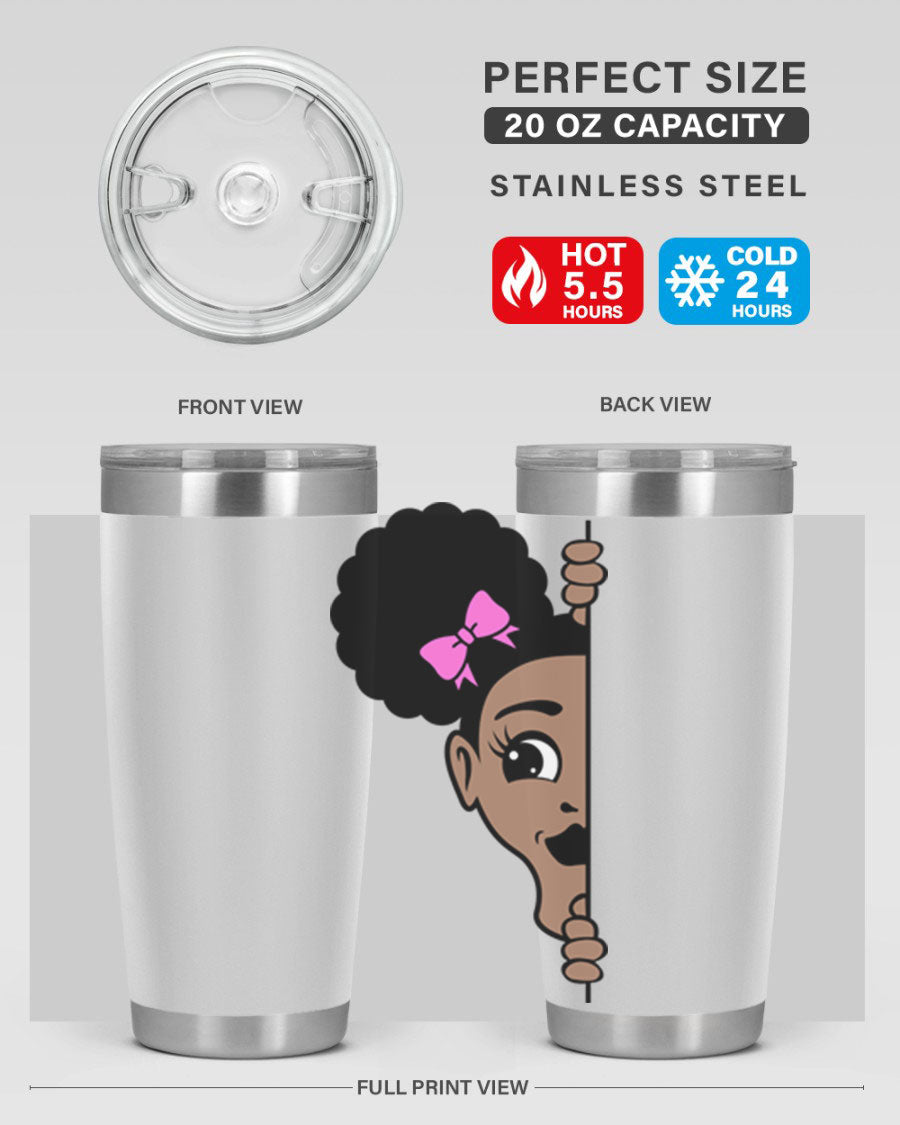 Afro Puffs Girl Peekaboo 83# Tumbler showcasing vibrant design and stainless steel construction.
