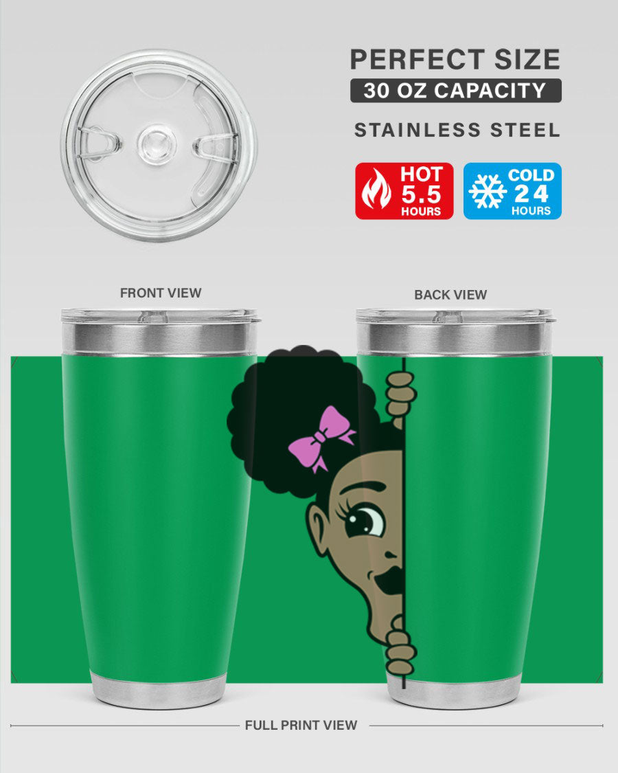 Afro Puffs Girl Peekaboo 83# Tumbler showcasing vibrant design and stainless steel construction.