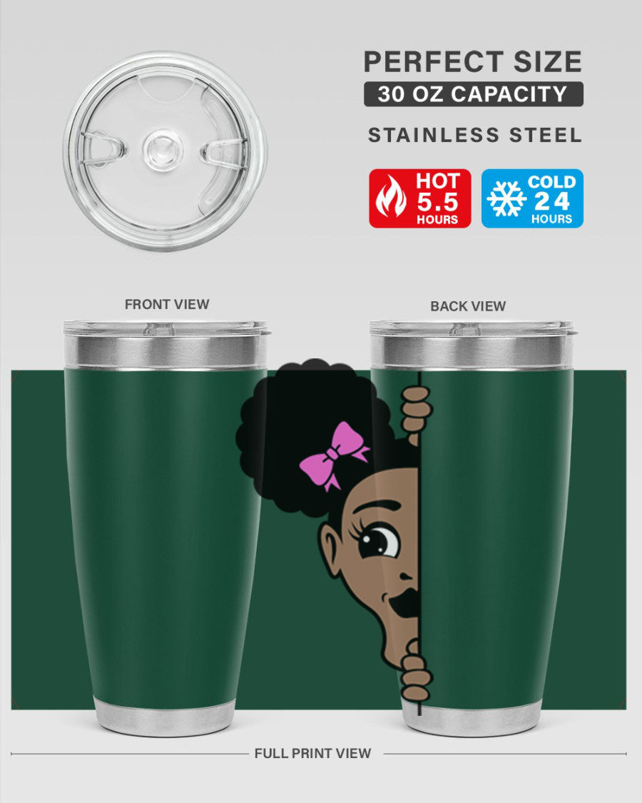 Afro Puffs Girl Peekaboo 83# Tumbler showcasing vibrant design and stainless steel construction.