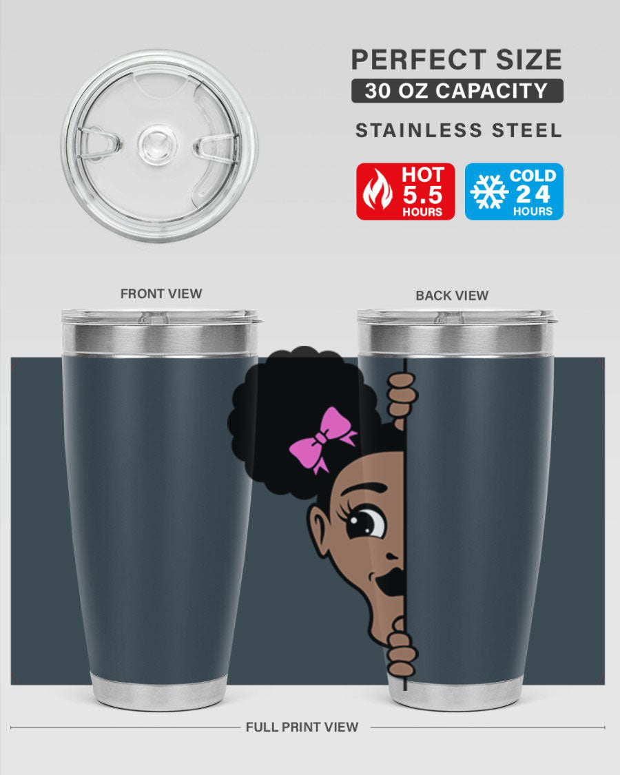 Afro Puffs Girl Peekaboo 83# Tumbler showcasing vibrant design and stainless steel construction.