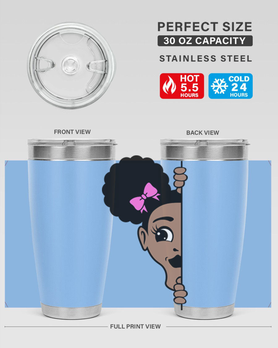 Afro Puffs Girl Peekaboo 83# Tumbler showcasing vibrant design and stainless steel construction.
