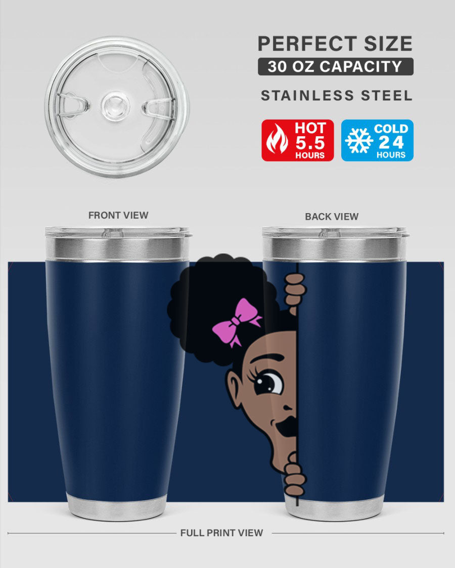Afro Puffs Girl Peekaboo 83# Tumbler showcasing vibrant design and stainless steel construction.