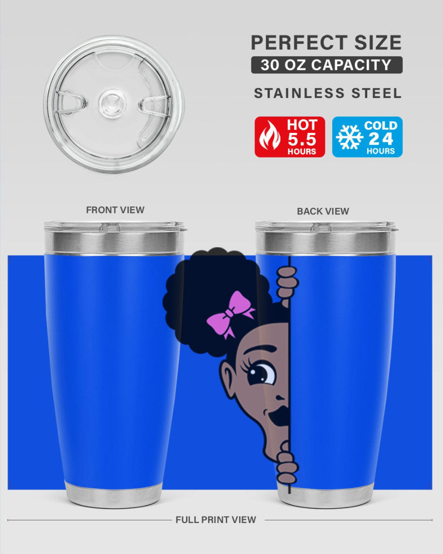 Afro Puffs Girl Peekaboo 83# Tumbler showcasing vibrant design and stainless steel construction.
