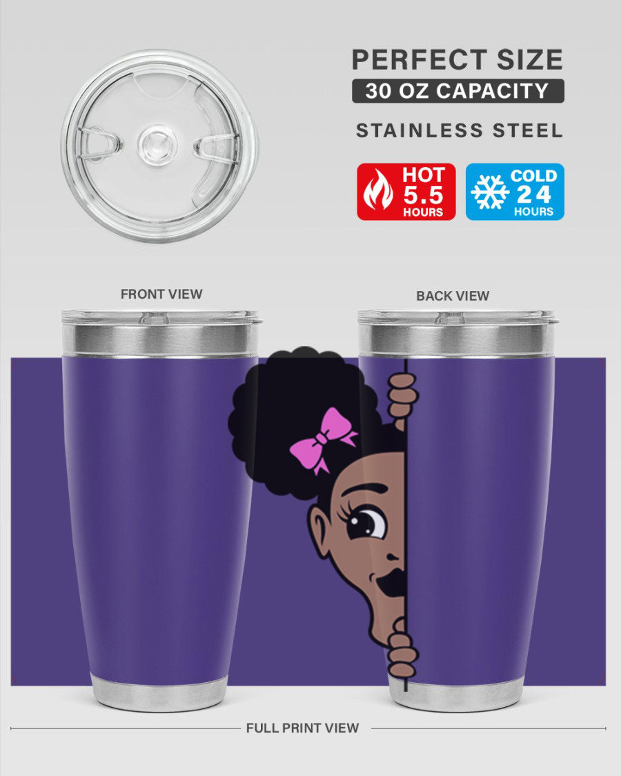 Afro Puffs Girl Peekaboo 83# Tumbler showcasing vibrant design and stainless steel construction.