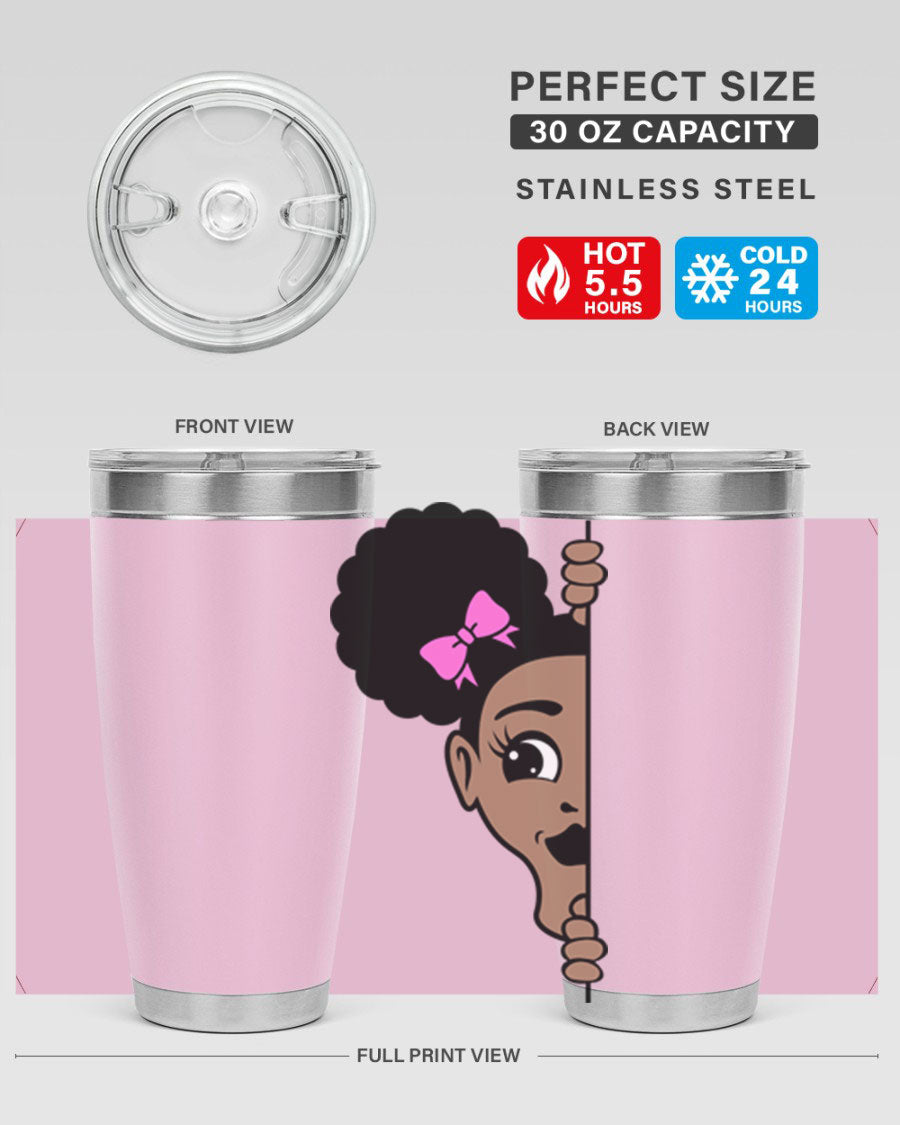 Afro Puffs Girl Peekaboo 83# Tumbler showcasing vibrant design and stainless steel construction.