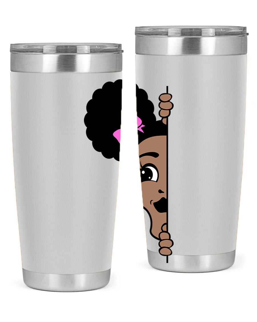 Afro Puffs Girl Peekaboo 83# Tumbler showcasing vibrant design and stainless steel construction.