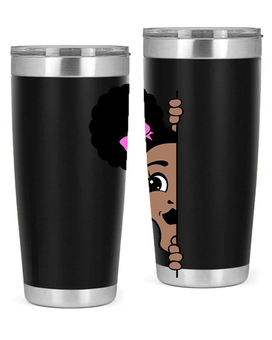 Afro Puffs Girl Peekaboo 83# Tumbler showcasing vibrant design and stainless steel construction.