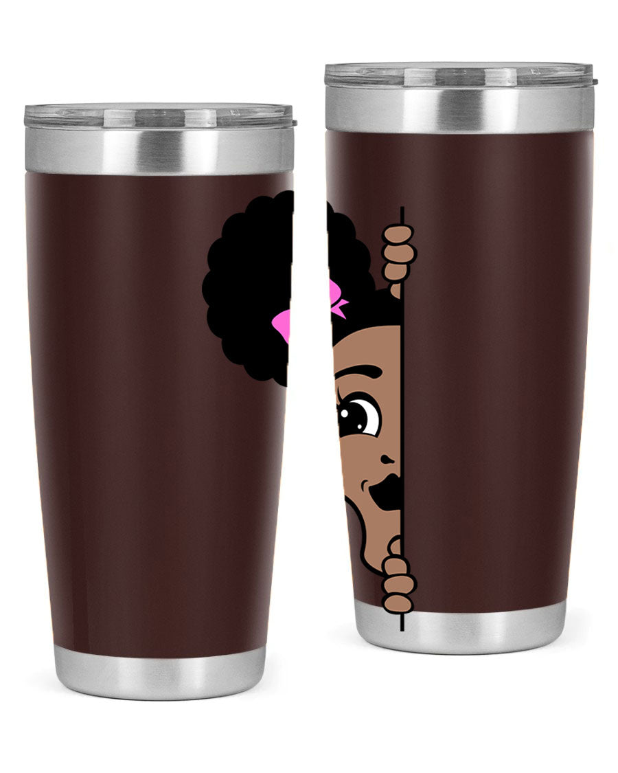 Afro Puffs Girl Peekaboo 83# Tumbler showcasing vibrant design and stainless steel construction.