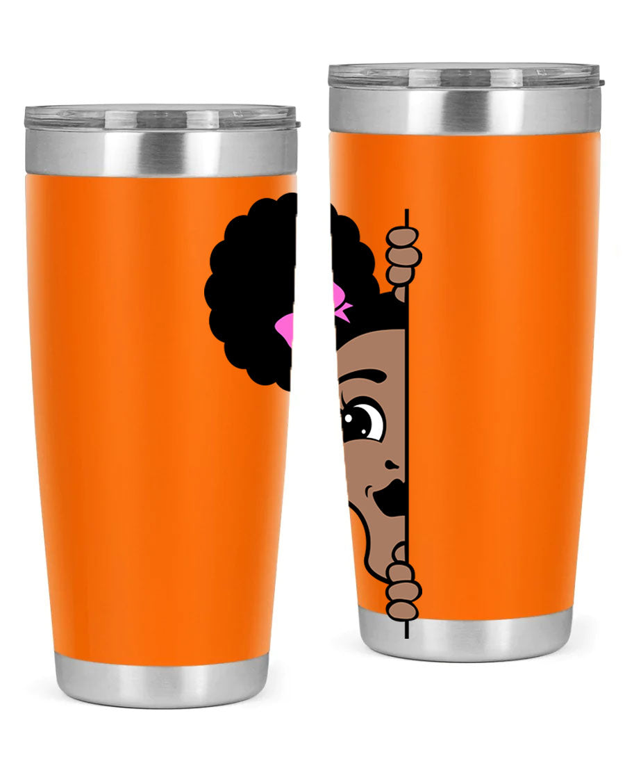 Afro Puffs Girl Peekaboo 83# Tumbler showcasing vibrant design and stainless steel construction.