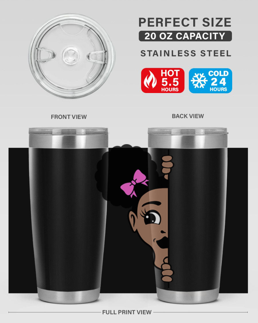 Afro Puffs Girl Peekaboo 83# Tumbler showcasing vibrant design and stainless steel construction.