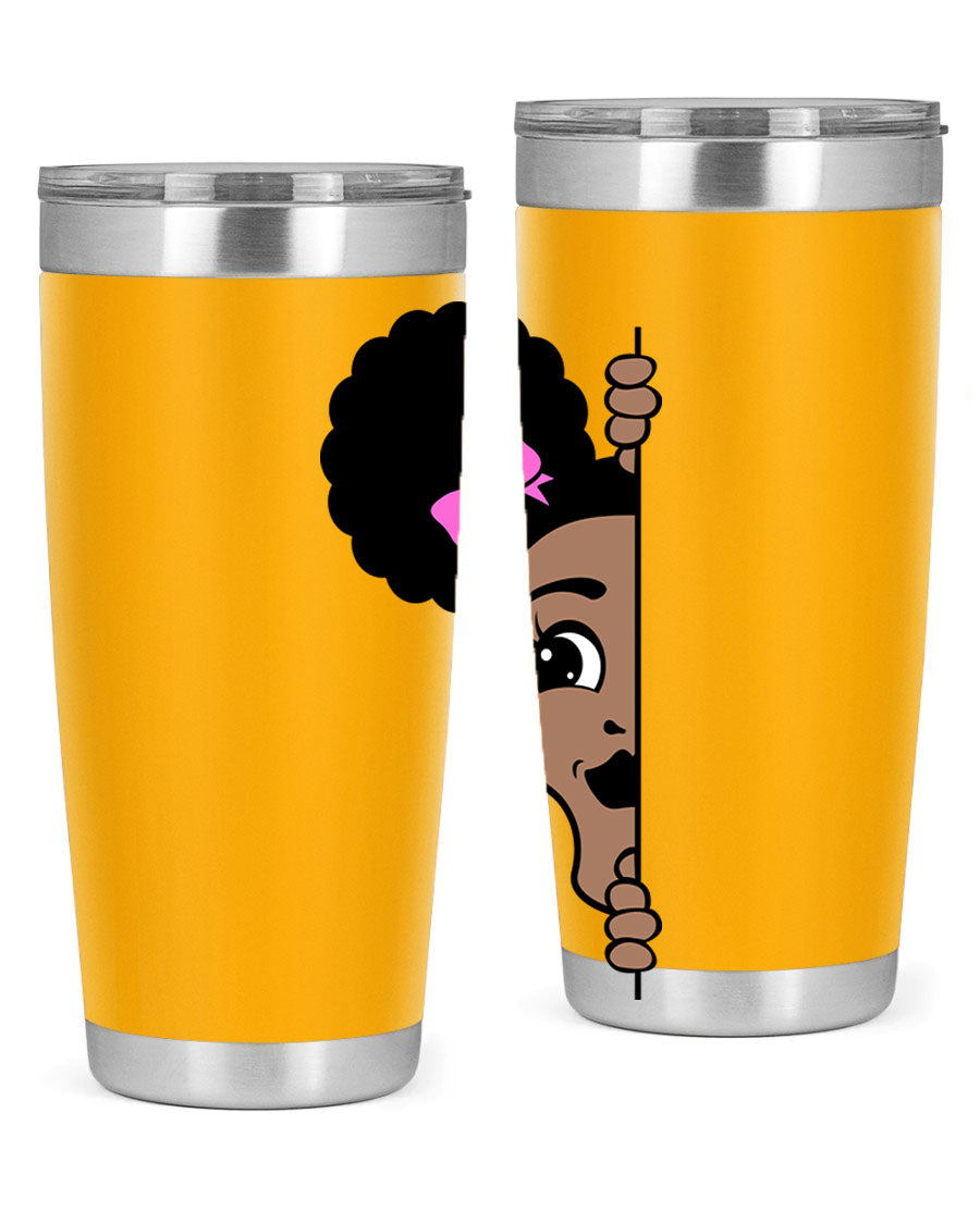 Afro Puffs Girl Peekaboo 83# Tumbler showcasing vibrant design and stainless steel construction.